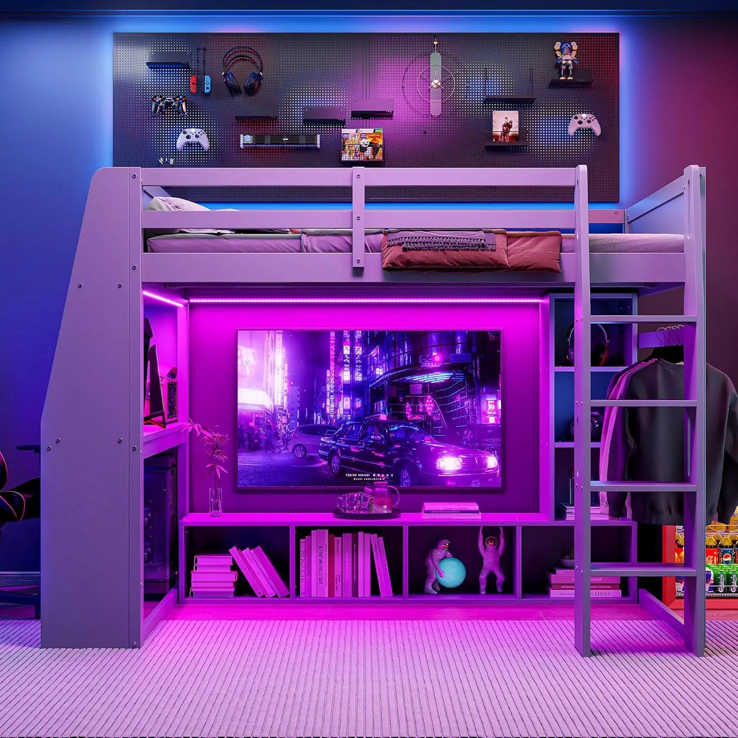 Full Size Gaming Loft Bed with Desk & LED Lights, Solid Wood Loft Bed with Open Wardrobe and Storage Shelves, Full Gaming Bed wi