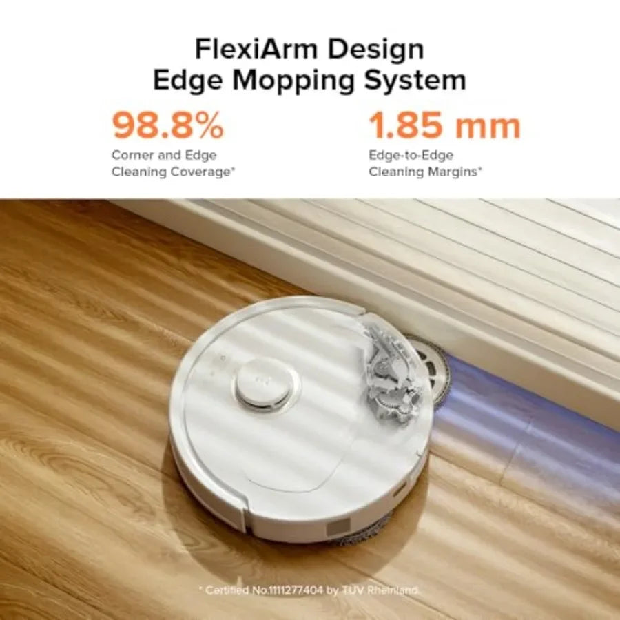 Robot vacuum and mop for home use, ABS plastic, black, FlexiArm edge mopping, dynamic hot water wash, auto drying, intelligent