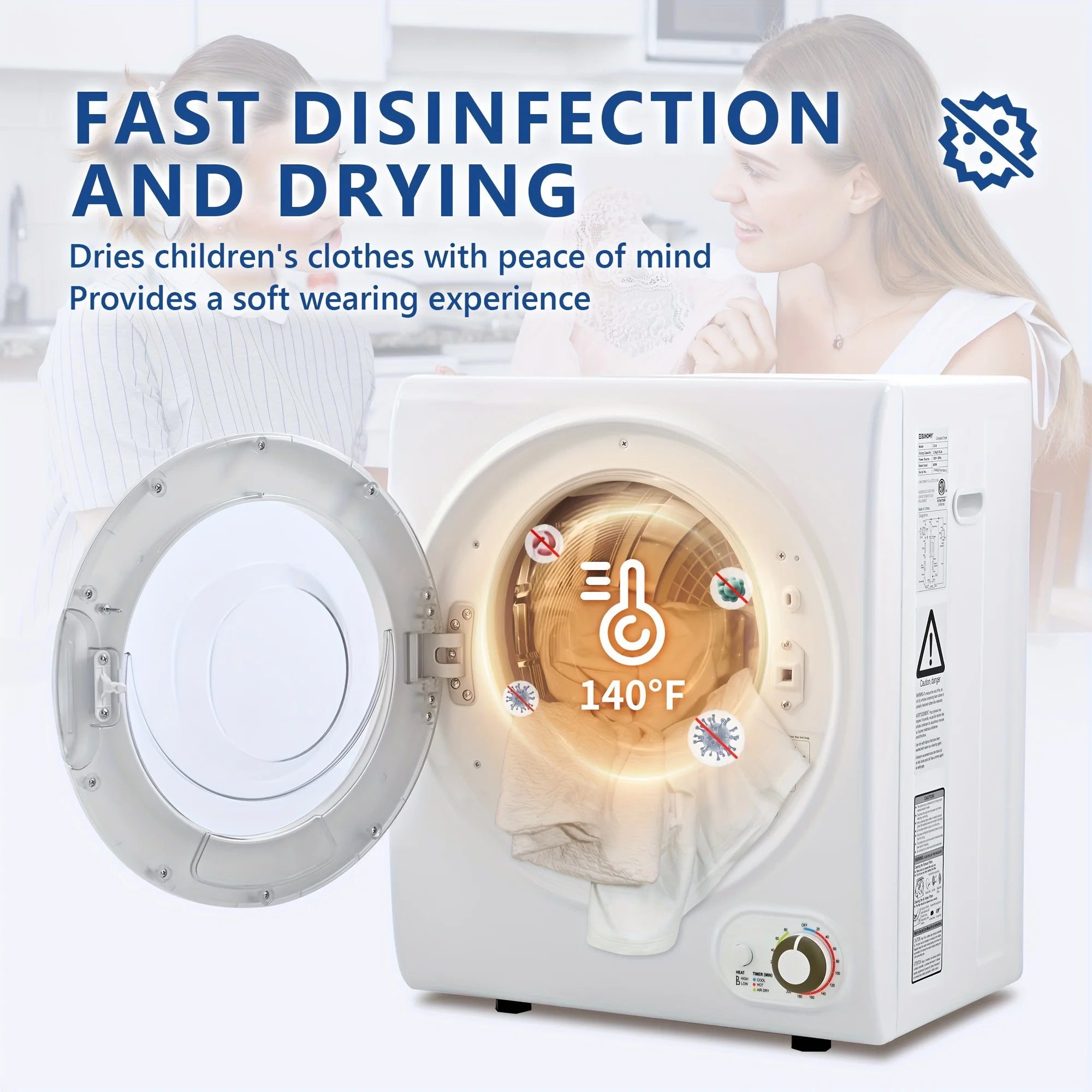 ICYGLEE 110V Portable Laundry Dryer with Stainless Steel Drum, Compact Electric Dryer 1.5/1.85 Cu.ft Front Load, Ideal for Apartments, RVs, And Dorms, White, User-friendly Controls