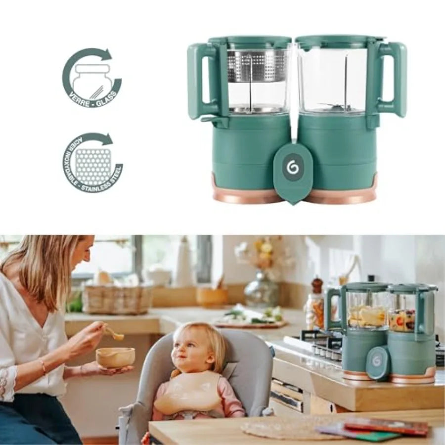 Baby food maker for home use, stainless steel and BPA-free plastic, white and grey, eco-friendly non-toxic steamer blender with