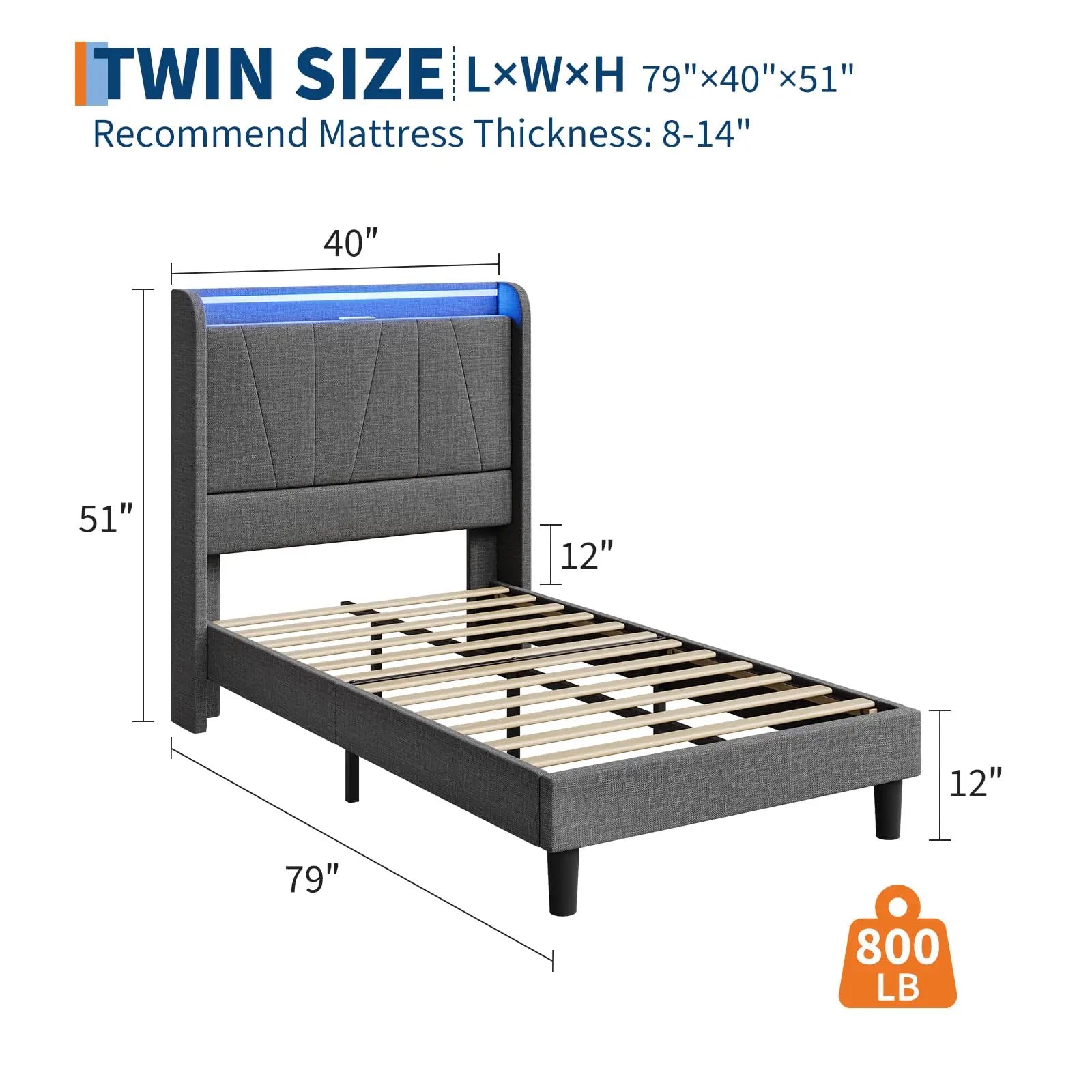 LED Bed Frame with Charging Station, Upholstered Platform Bed Frame with Headboard, Wood Slats Support, Under Bed Storage