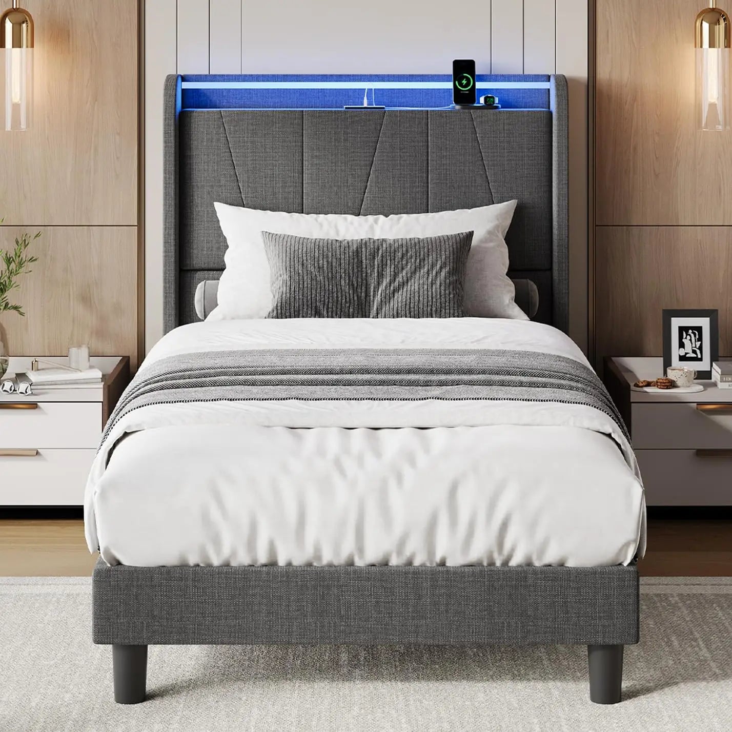 LED Bed Frame with Charging Station, Upholstered Platform Bed Frame with Headboard, Wood Slats Support, Under Bed Storage