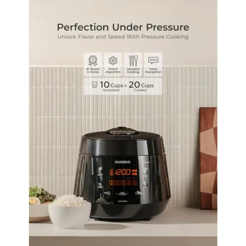 10-Cup Uncooked 20-Cup Cooked High Pressure Rice Cooker with Nonstick Inner Pot Black 13 Menu Options Fuzzy Logic Tech Auto Cle