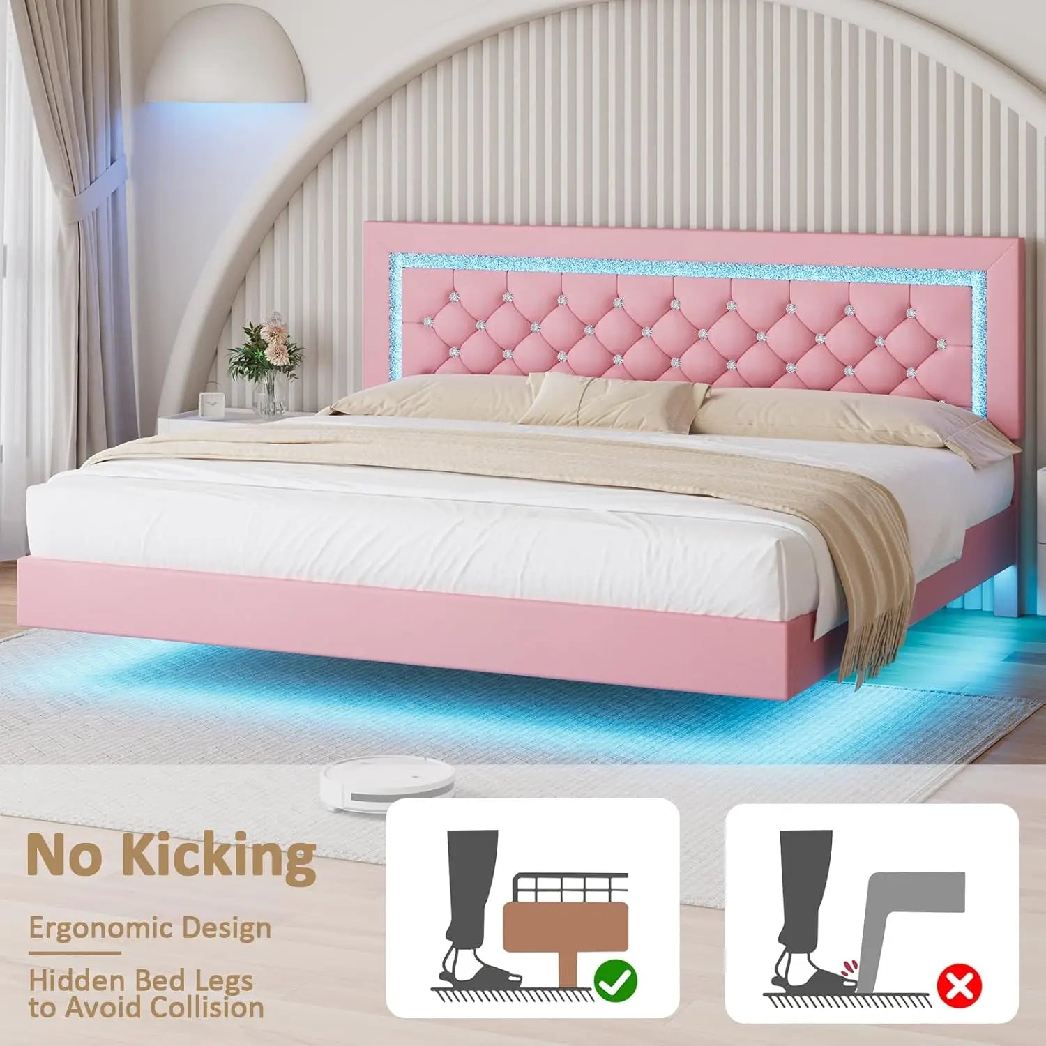 Pink Floating Bed Frame  with LED Lights Upholstered Platform Bed with Diamond Tufted Headboard No Box Spring Needed Noise Free