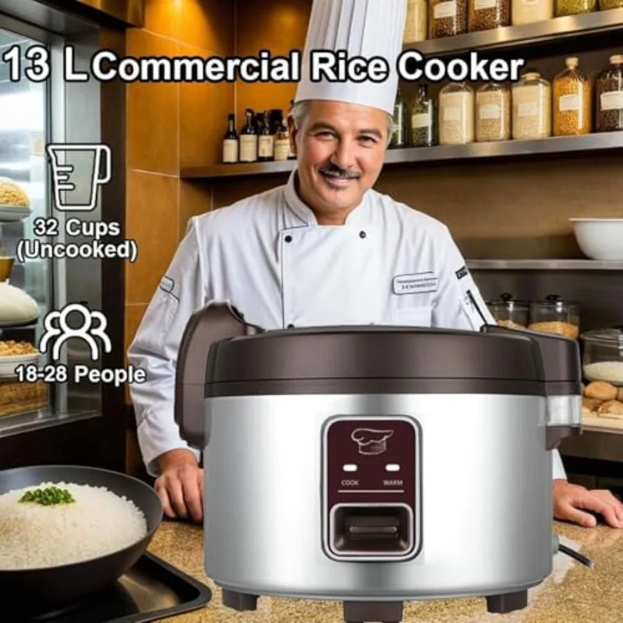 13.8 QT Large Commercial Rice Cooker for 18-28 People with One-Touch Operation 65 Cups Cooked 32 Cups Uncooked Stainless Steel