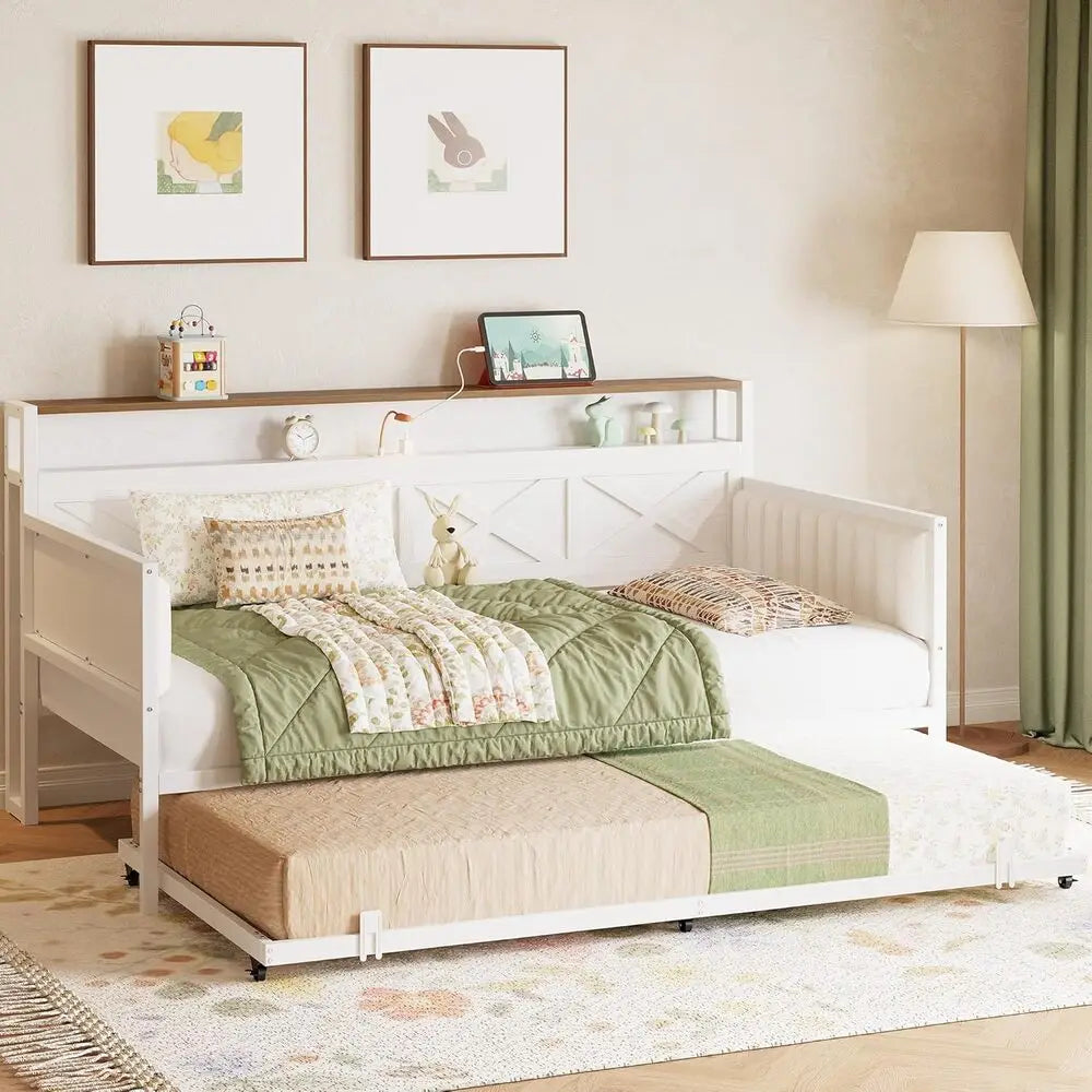 IRONCK Daybed with Trundle, Sturdy Metal Twin Bed Frame with X-Shaped Frame, Upholstered Farmhouse Daybed with Charging Station