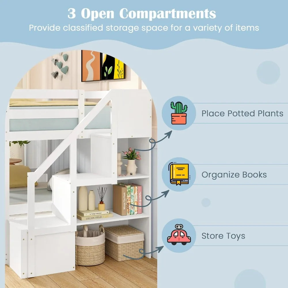 Twin Over Full Bunk Bed with Stairs, Solid Wood Floor Bunk Bed with Storage Staircase & Full-Length Guardrails, Low Bunk