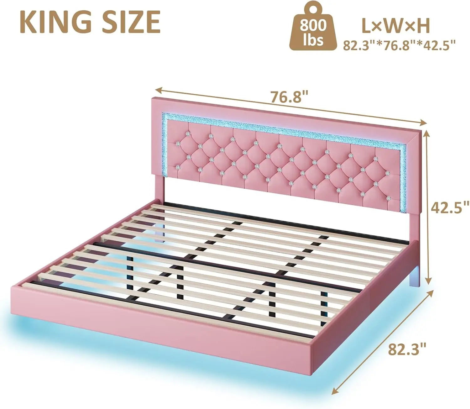 Pink Floating Bed Frame  with LED Lights Upholstered Platform Bed with Diamond Tufted Headboard No Box Spring Needed Noise Free