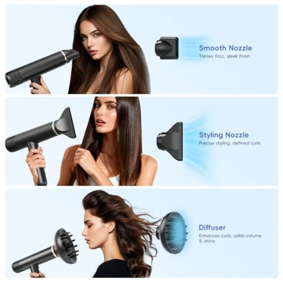Professional ionic hair dryer for curly hair use, ceramic-coated, rose gold, 1600W 110000RPM brushless motor, fast drying, low