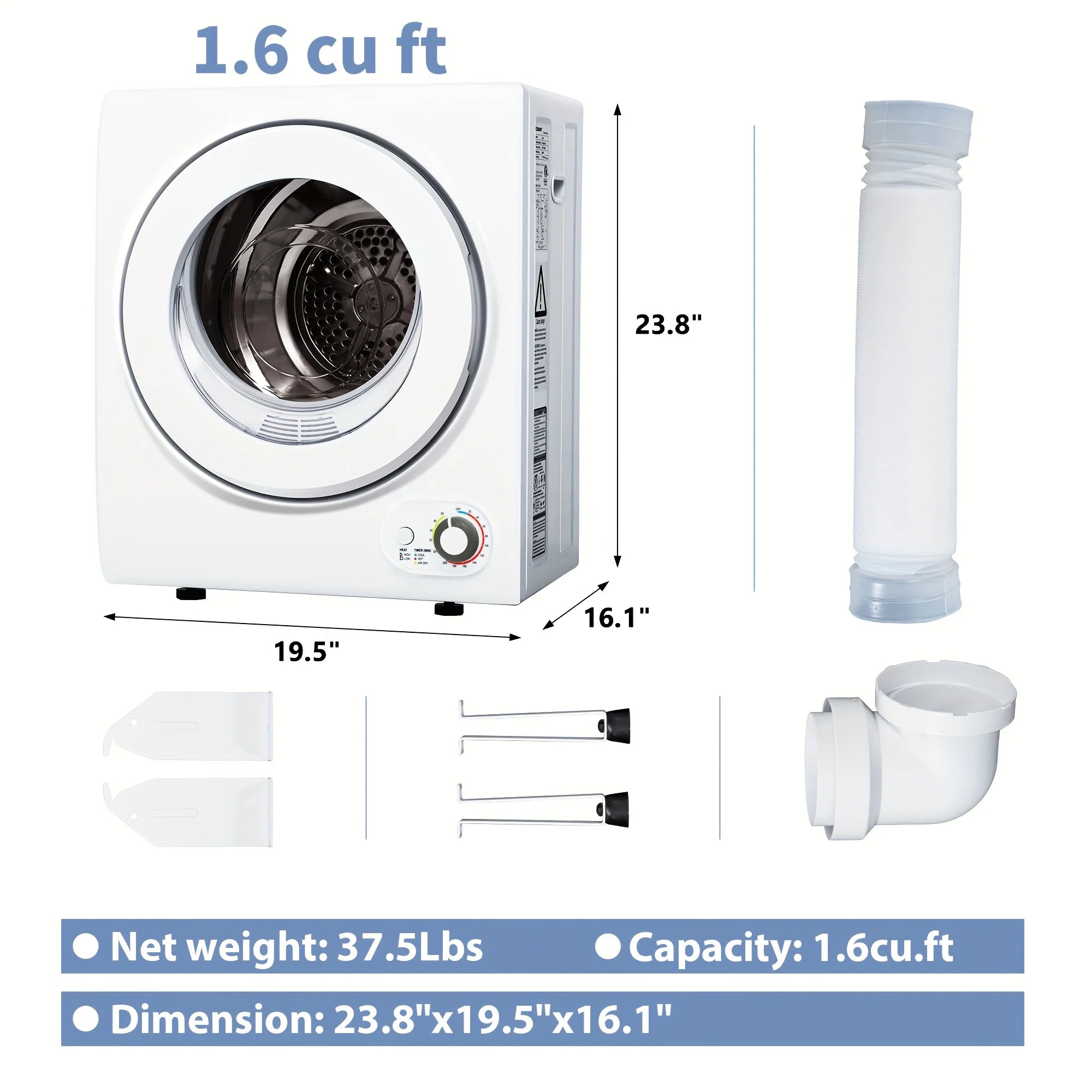 ICYGLEE 110V Portable Laundry Dryer with Stainless Steel Drum, Compact Electric Dryer 1.5/1.85 Cu.ft Front Load, Ideal for Apartments, RVs, And Dorms, White, User-friendly Controls
