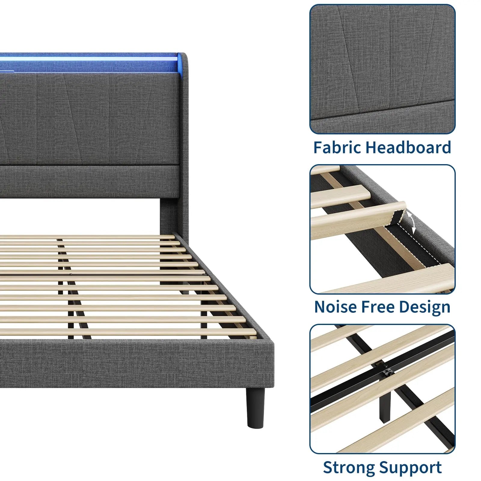 LED Bed Frame with Charging Station, Upholstered Platform Bed Frame with Headboard, Wood Slats Support, Under Bed Storage