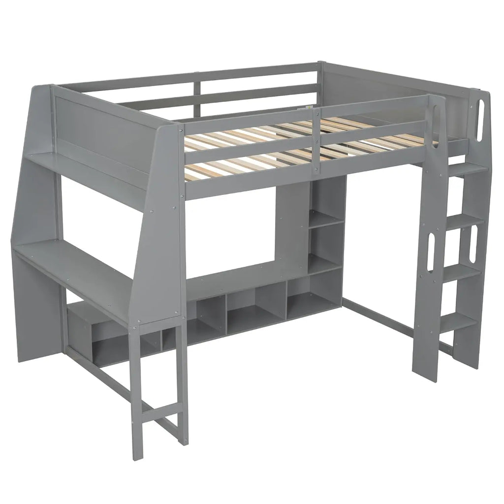 Full Size Gaming Loft Bed with Desk & LED Lights, Solid Wood Loft Bed with Open Wardrobe and Storage Shelves, Full Gaming Bed wi