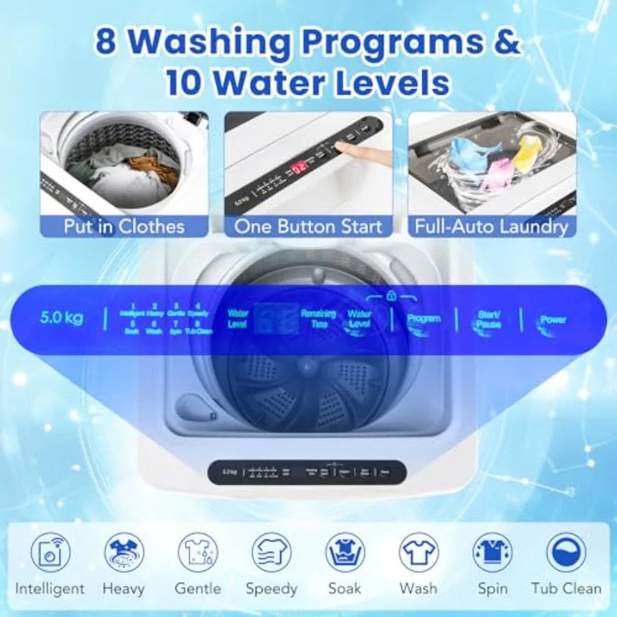 Portable washing machine for apartment and RV use, white plastic unit with full automatic operation, 8 wash modes, 10 water lev