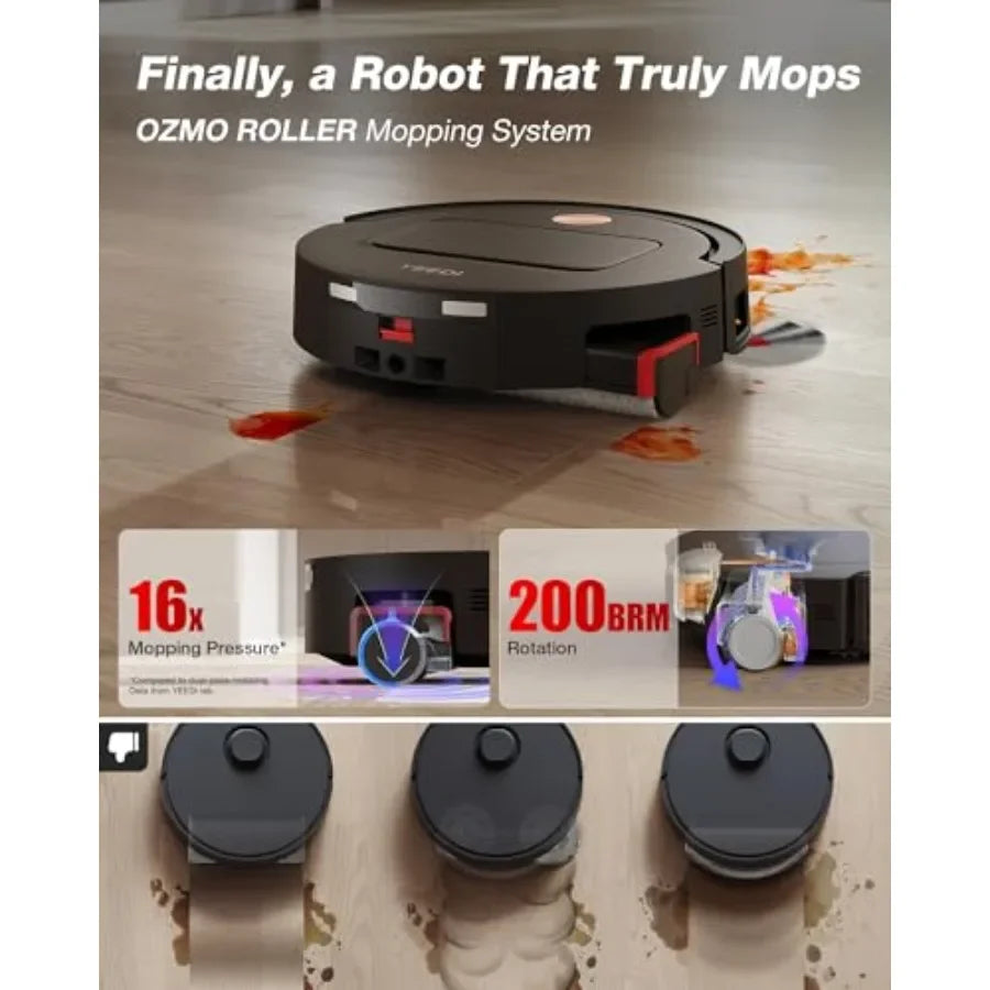 Robot vacuum and mop for home use, black ABS plastic, 18000Pa suction, OZMO roller self-washing, 167 hot wash auto-dry, ZeroTan