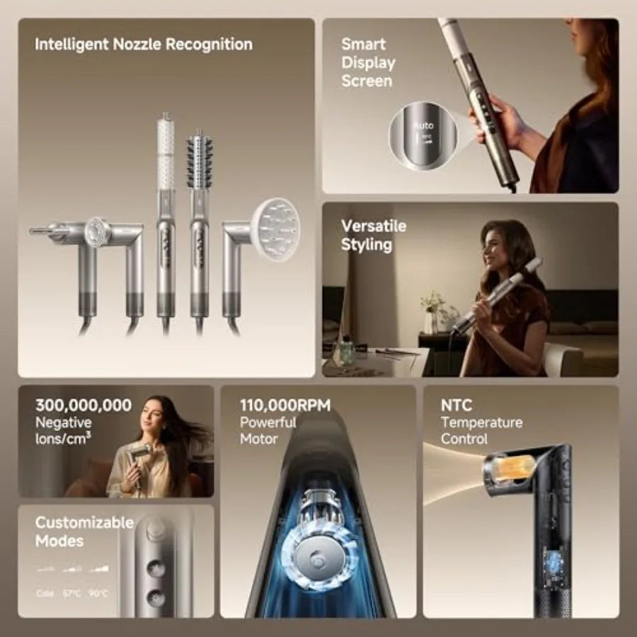 Hair styler and dryer for home use, ceramic-coated, black, intelligent nozzle recognition and 110, 000RPM motor for fast drying