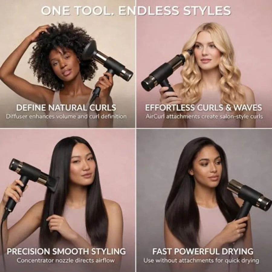 Hair dryer for salon styling, infrared ionic technology, black, fast drying and quiet operation with self-cleaning function and
