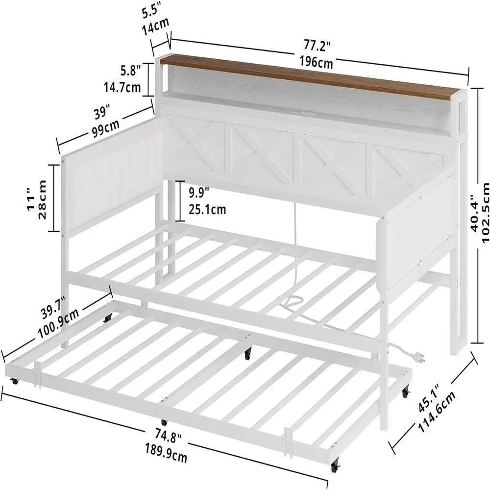 IRONCK Daybed with Trundle, Sturdy Metal Twin Bed Frame with X-Shaped Frame, Upholstered Farmhouse Daybed with Charging Station