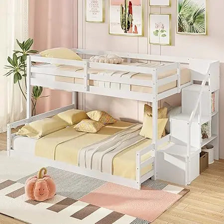 Twin Over Full Bunk Bed with Stairs, Solid Wood Floor Bunk Bed with Storage Staircase & Full-Length Guardrails, Low Bunk