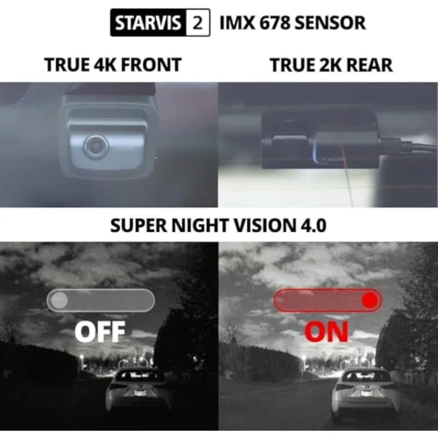 Car dash cam with STARVIS 2 sensors, red color, super night vision for front and rear recording, 4K U3000 model with 5GHz WiFi,