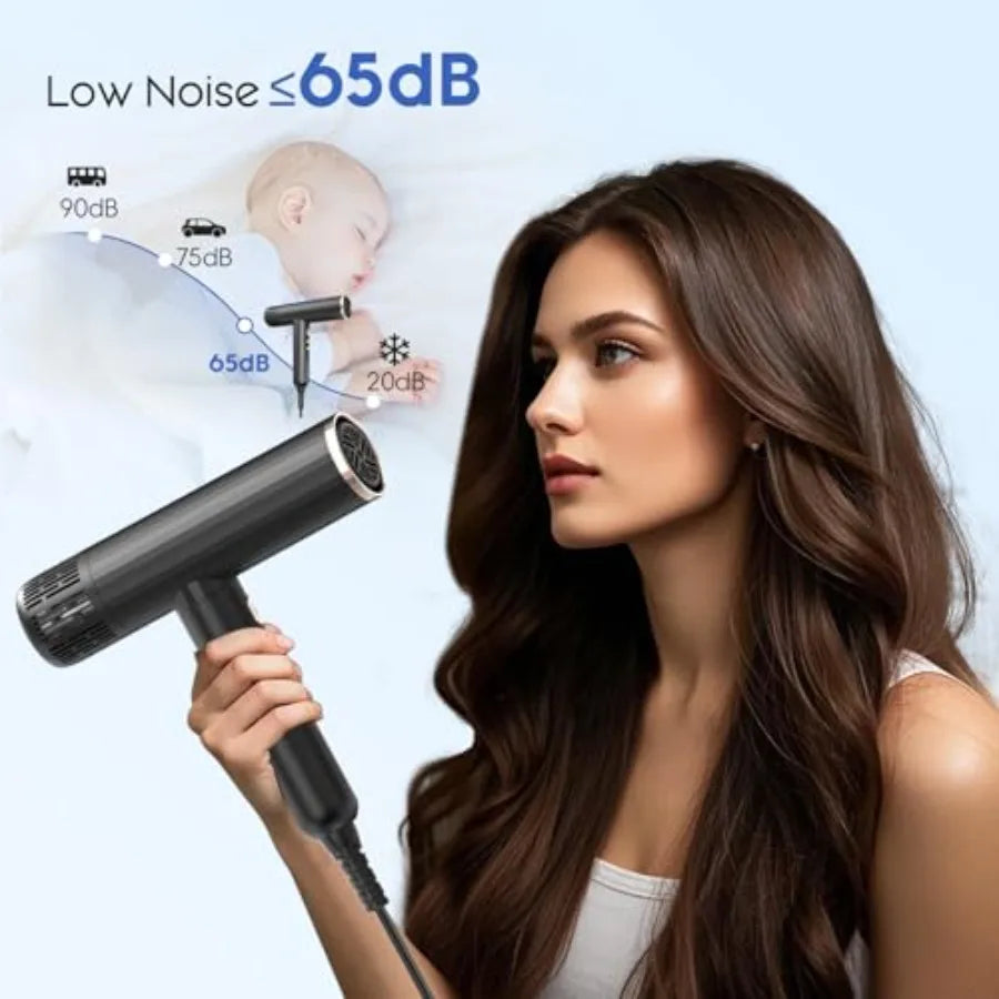 Professional ionic hair dryer for curly hair use, ceramic-coated, rose gold, 1600W 110000RPM brushless motor, fast drying, low