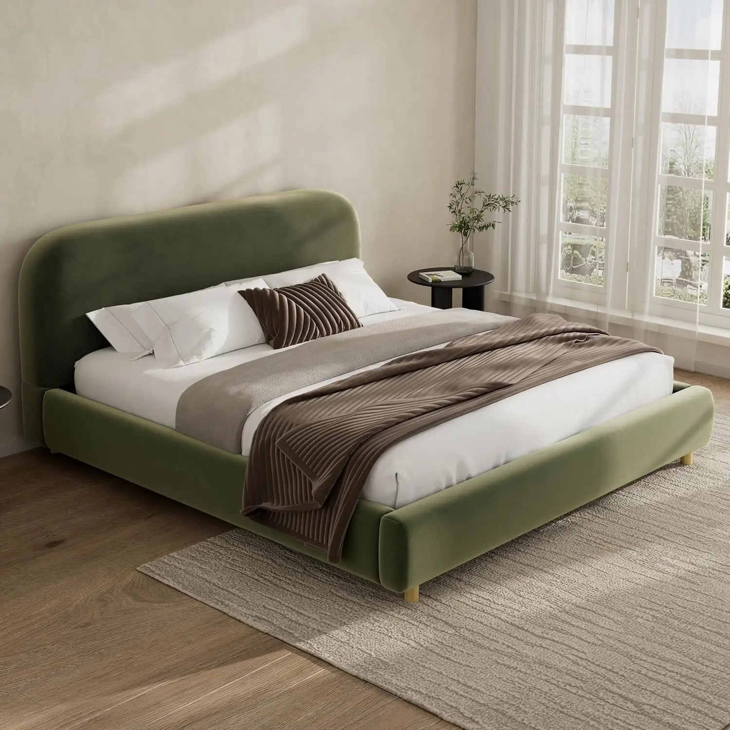 King Size Upholstered Bed Frame, Platform Beds with Curve Shaped Headboard, Soft Cloud Bedframe, Wood Slats, Customized