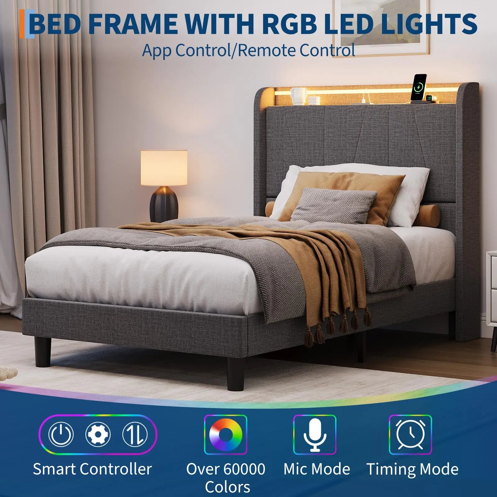 LED Bed Frame with Charging Station, Upholstered Platform Bed Frame with Headboard, Wood Slats Support, Under Bed Storage