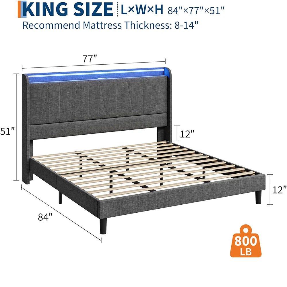 LED Bed Frame with Charging Station, Upholstered Platform Bed Frame with Headboard, Wood Slats Support, Under Bed Storage