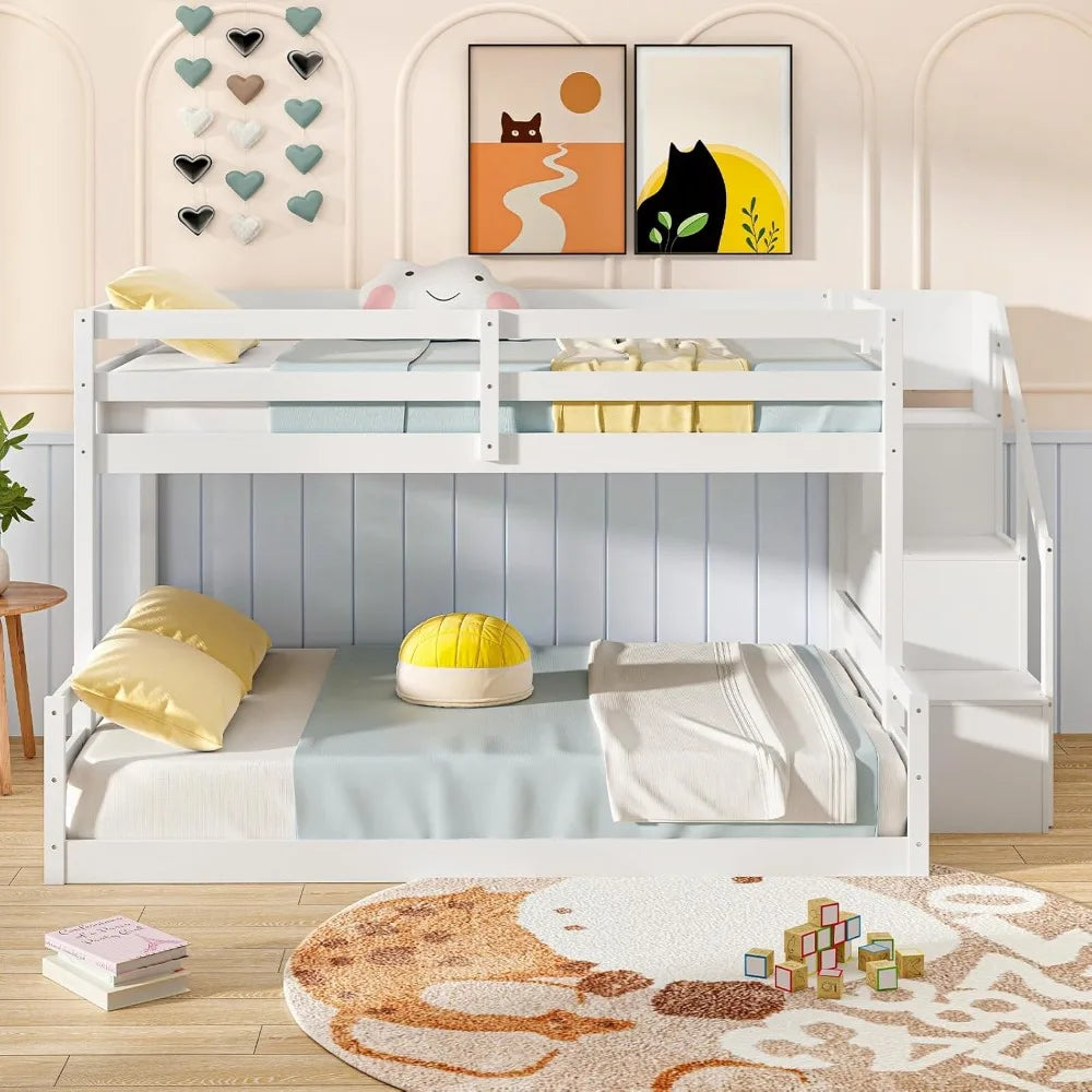 Twin Over Full Bunk Bed with Stairs, Solid Wood Floor Bunk Bed with Storage Staircase & Full-Length Guardrails, Low Bunk