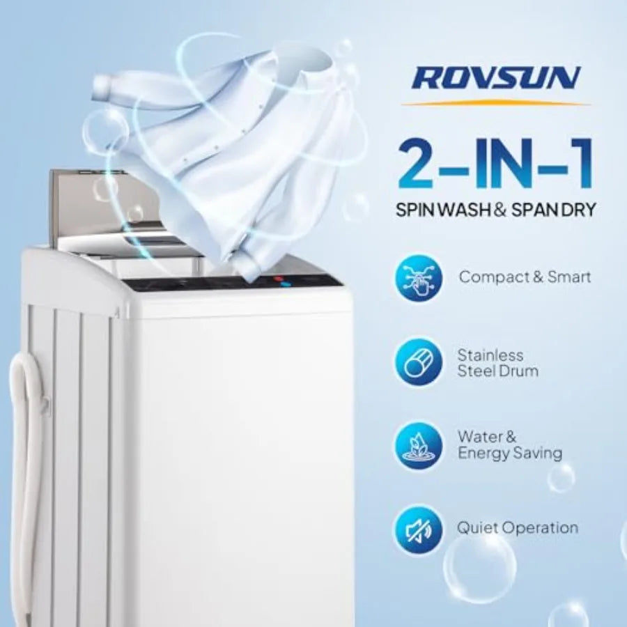 Portable washing machine for home and apartment use, stainless steel drum, white, 25LBS full-automatic spin dryer combo with dr