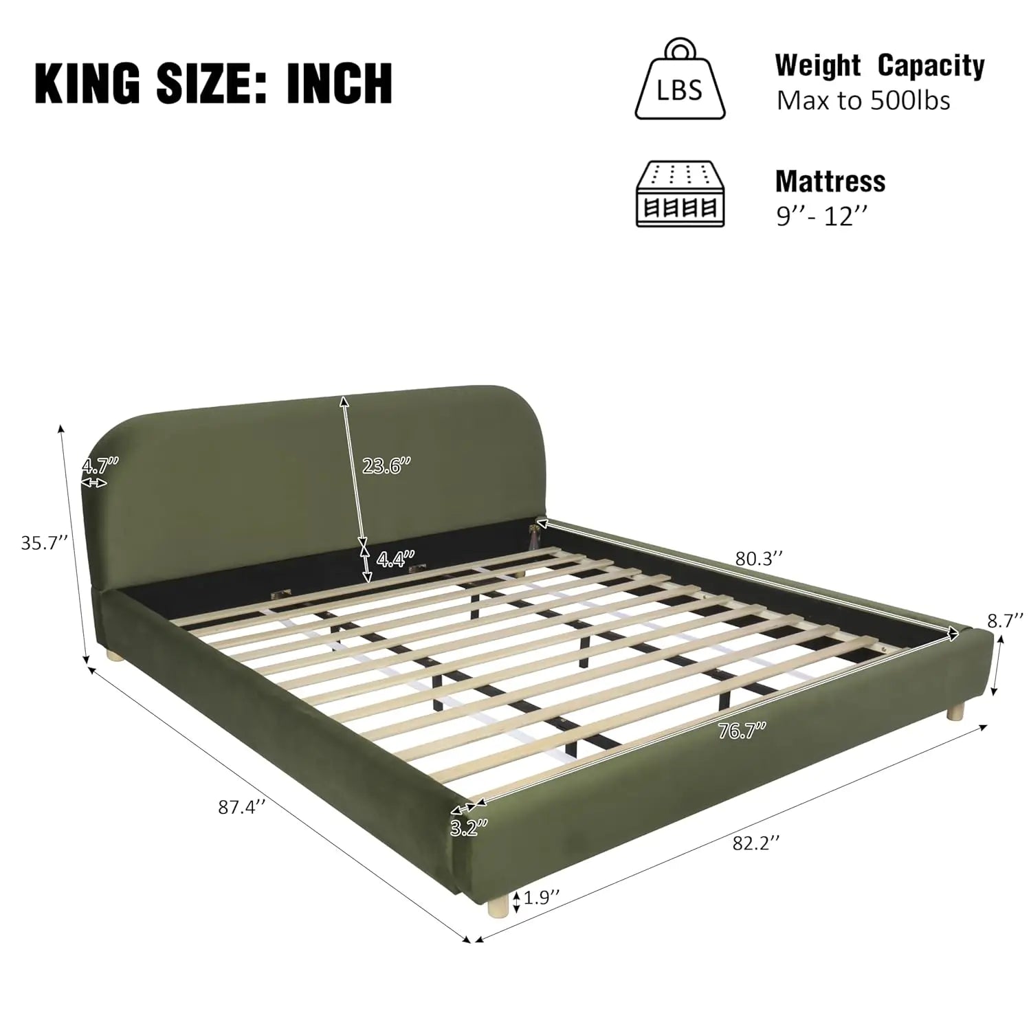 King Size Upholstered Bed Frame, Platform Beds with Curve Shaped Headboard, Soft Cloud Bedframe, Wood Slats, Customized