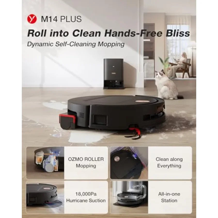 Robot vacuum and mop for home use, black ABS plastic, 18000Pa suction, OZMO roller self-washing, 167 hot wash auto-dry, ZeroTan