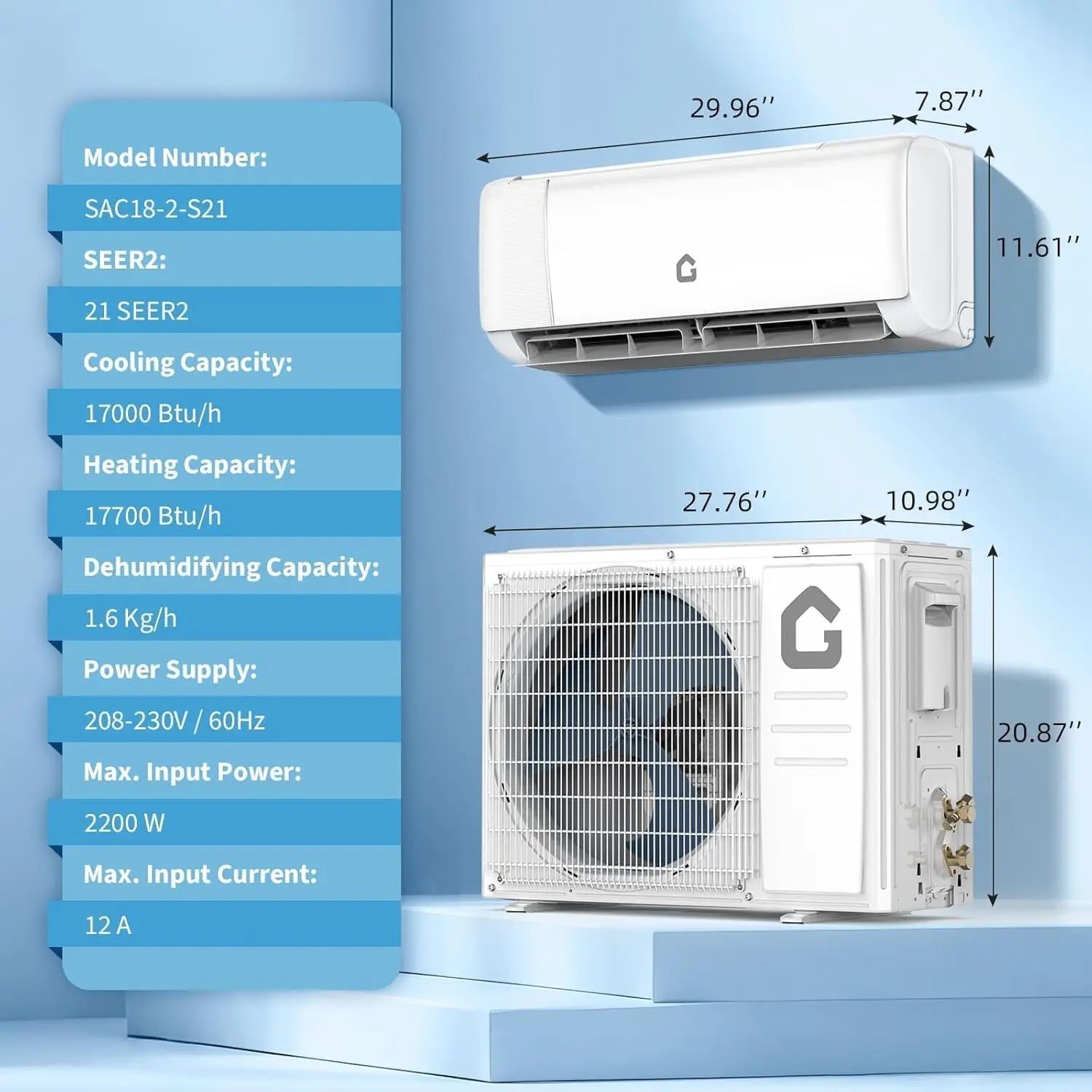 18000 BTU Mini Split Air Conditioner with Cooling / Heating 21 SEER2 230V Energy Ductless AC Unit Cools Rooms Up to 1250 Sq.Ft