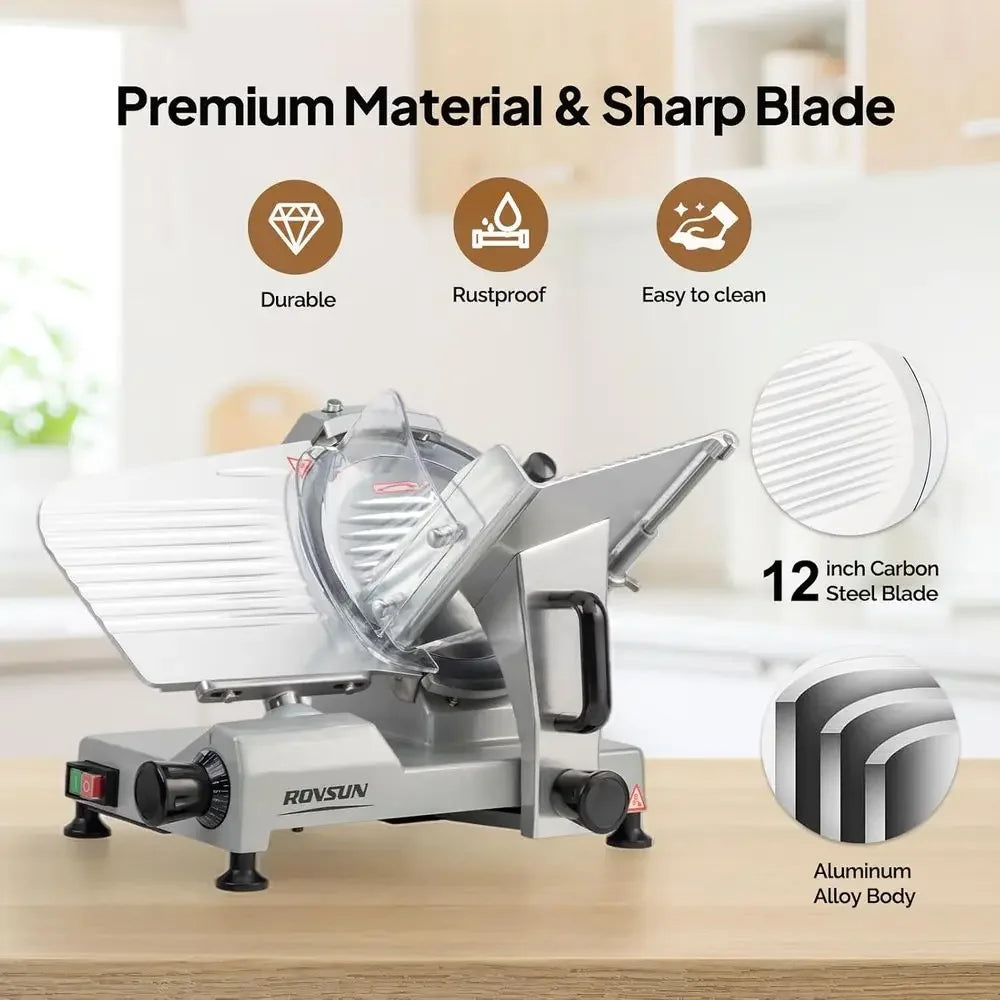 12inch Commercial Meat Slicer, 500W Electric Deli Food Slicer with Premium Chromium-plated Steel Blade, 0-15 mm Adjustable Thick