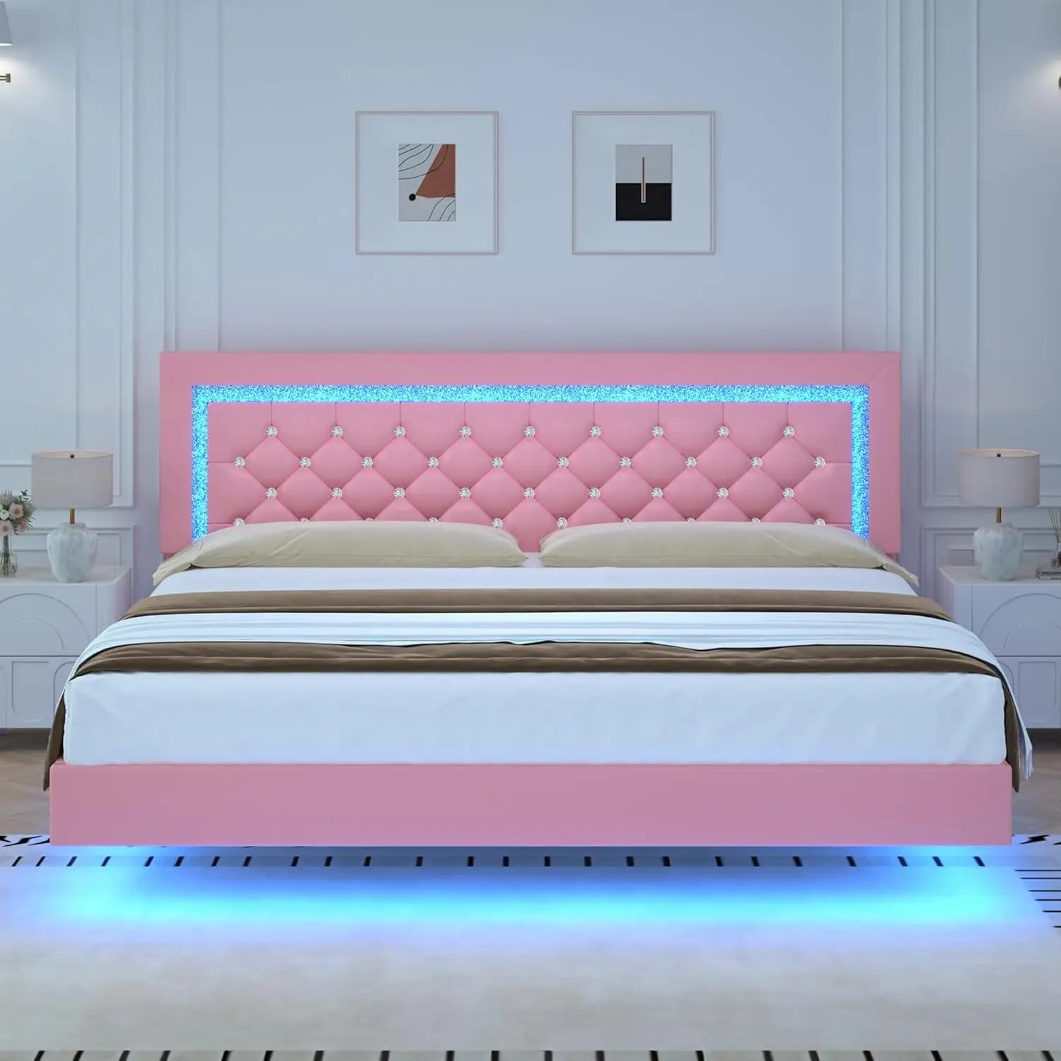 Pink Floating Bed Frame  with LED Lights Upholstered Platform Bed with Diamond Tufted Headboard No Box Spring Needed Noise Free