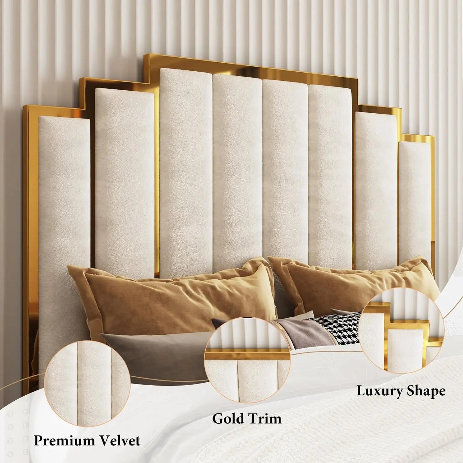 Upholstered Bed Modern Velvet Bed Frame with 61.4\u201d Tall Gold Trim Headboard No Box Spring Needed Cream