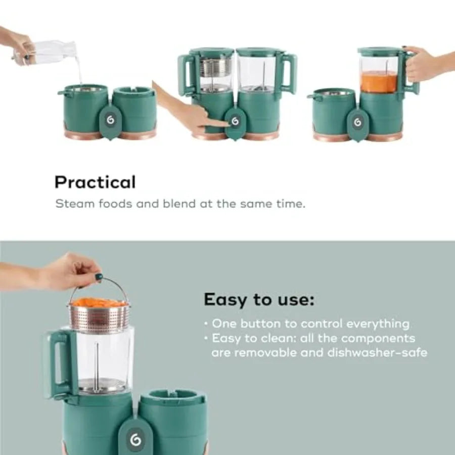 Baby food maker for home use, stainless steel and BPA-free plastic, white and grey, eco-friendly non-toxic steamer blender with