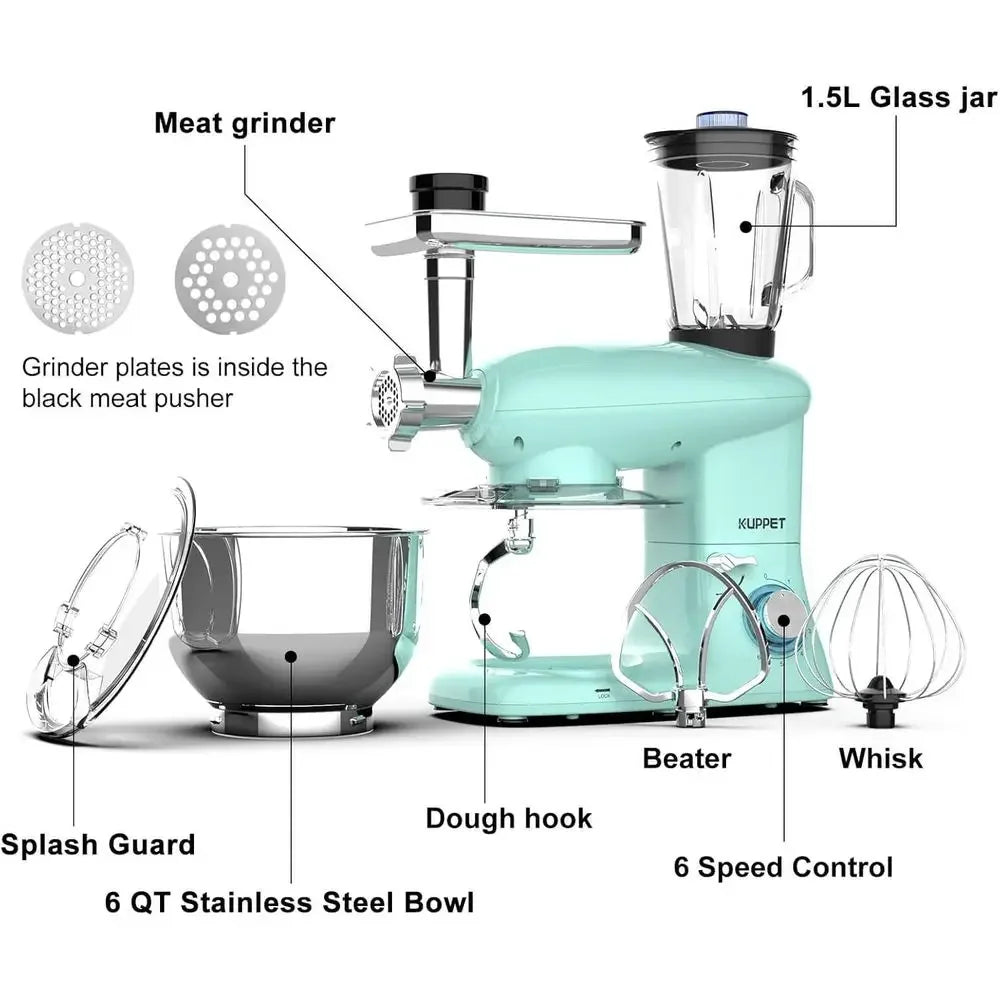 3 in 1 Stand Mixer, 6 Speed Electric Mixer, Tilt Head Kitchen Mixer with Meat Grinder and Juice Blender, 6 Quarts 850W Food Mixe
