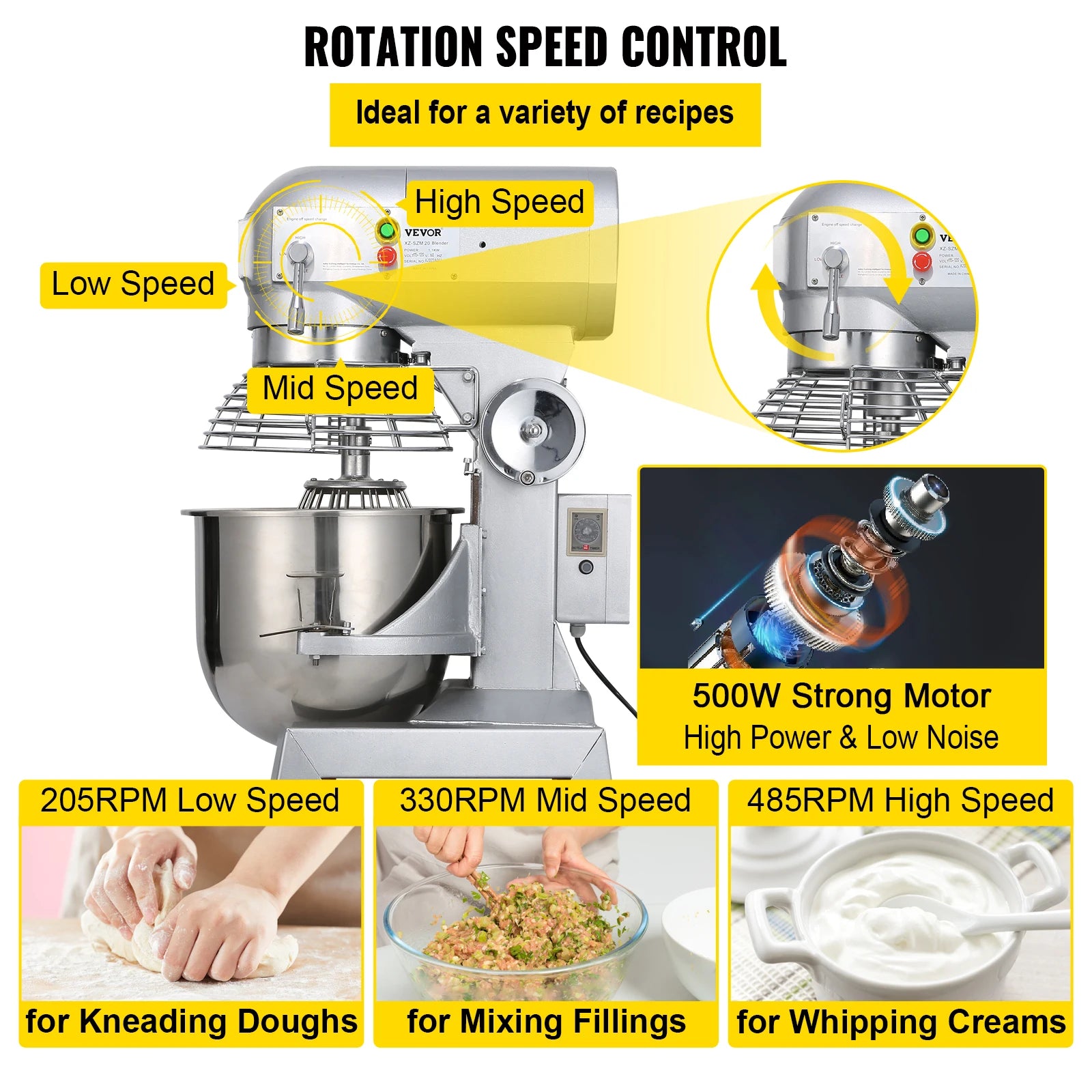SucceBuy Commercial Food Mixer 10Qt 450W 3 Speeds Adjustable 110/178/390 RPM Heavy Duty Stainless Steel Whisk Beater Premium