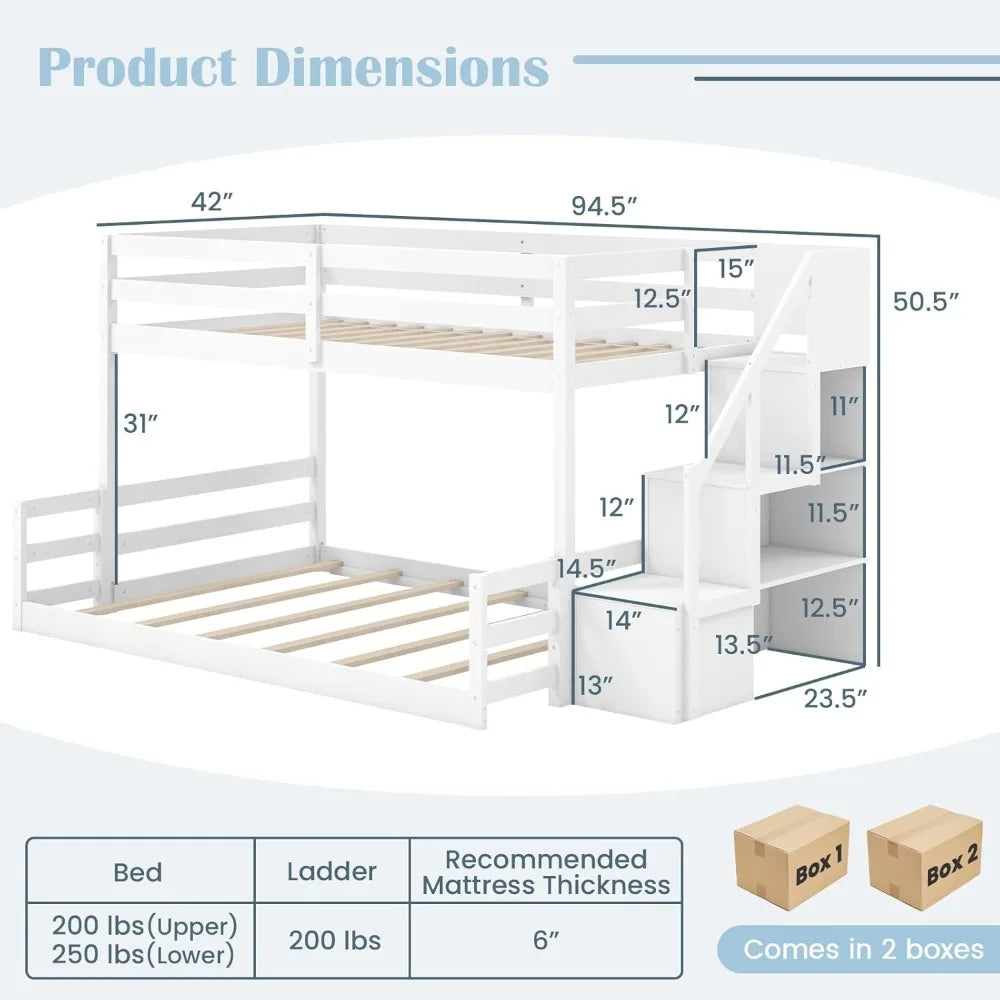 Twin Over Full Bunk Bed with Stairs, Solid Wood Floor Bunk Bed with Storage Staircase & Full-Length Guardrails, Low Bunk