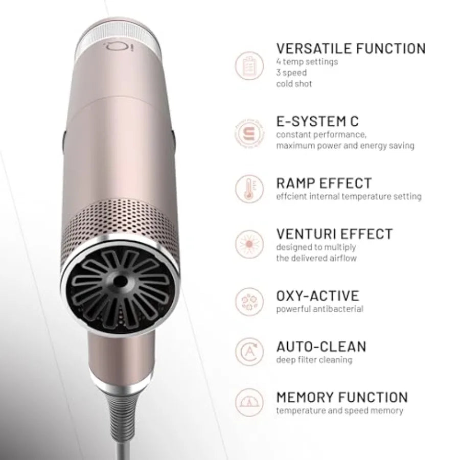 Hair dryer for professional use, rose gold aluminum alloy, intelligent turbo motor 120000 RPM with Oxy Active Technology and au