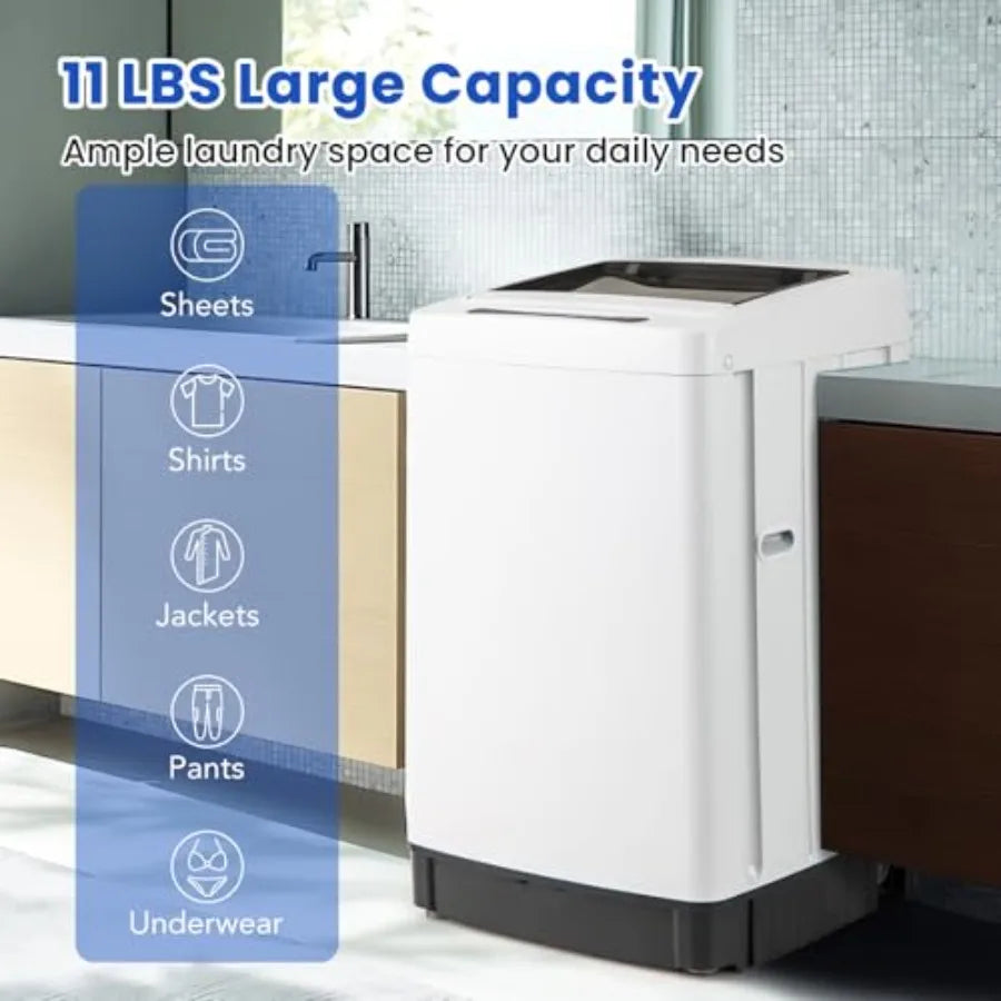 Portable washing machine for apartment and RV use, white plastic unit with full automatic operation, 8 wash modes, 10 water lev