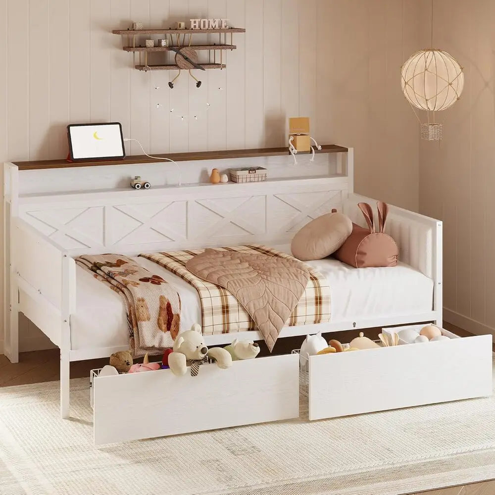 IRONCK Twin Size Daybed with Storage Drawers, Sturdy Metal Bed Frame with X-Shaped Headboard and Charging Station, White/Walnut