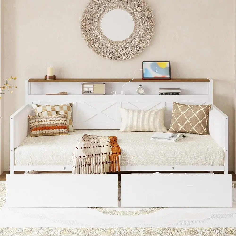 IRONCK Twin Size Daybed with Storage Drawers, Sturdy Metal Bed Frame with X-Shaped Headboard and Charging Station, White/Walnut