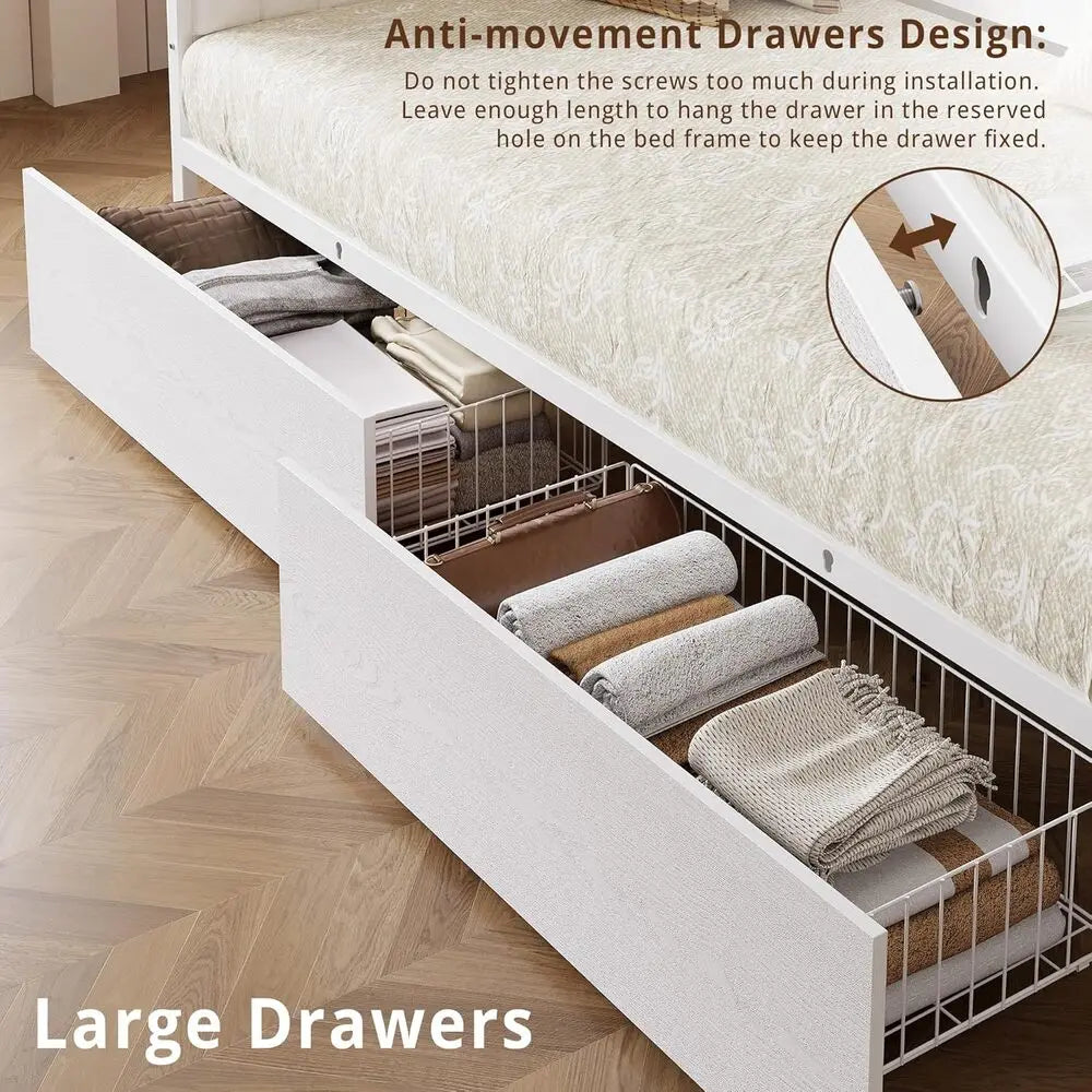 IRONCK Twin Size Daybed with Storage Drawers, Sturdy Metal Bed Frame with X-Shaped Headboard and Charging Station, White/Walnut