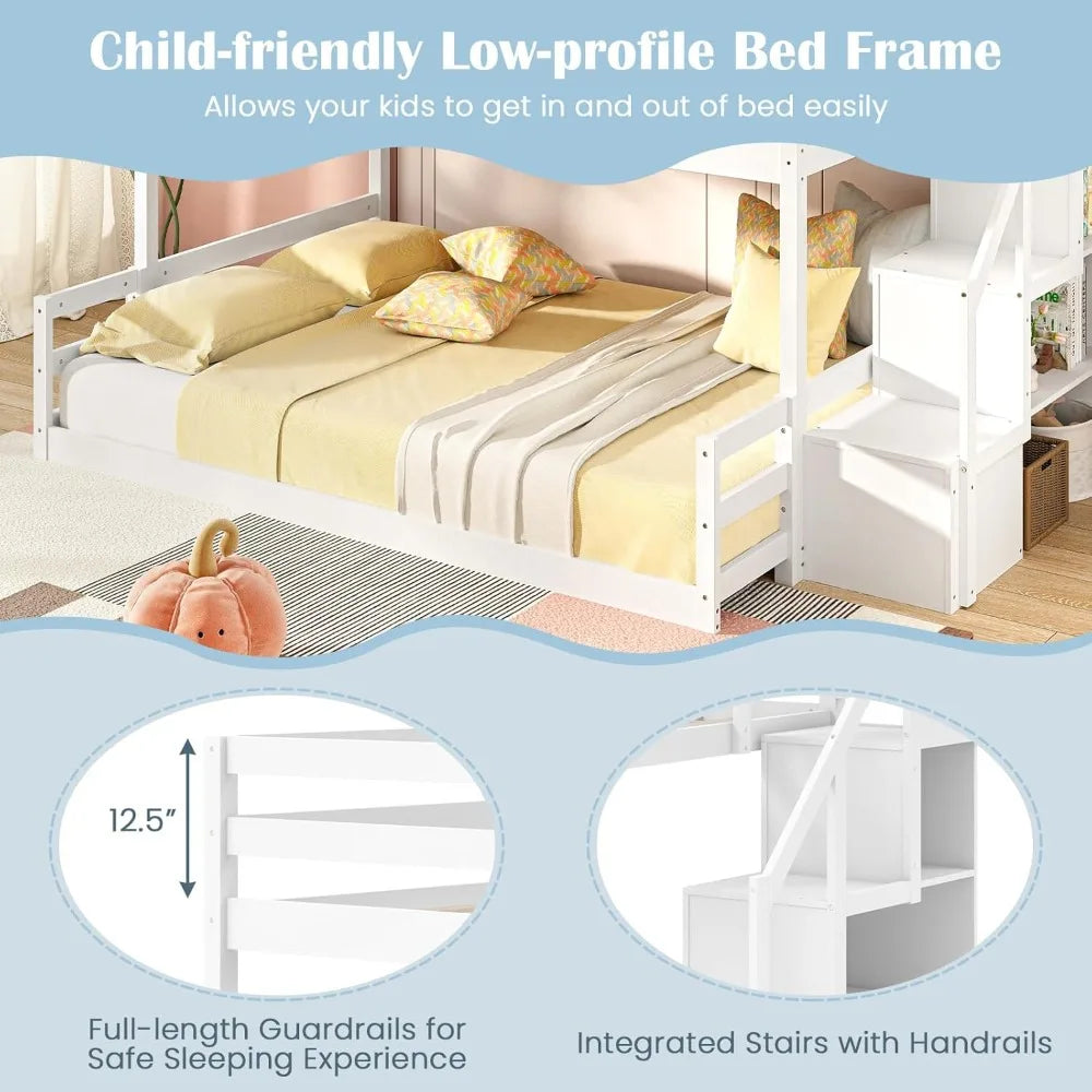 Twin Over Full Bunk Bed with Stairs, Solid Wood Floor Bunk Bed with Storage Staircase & Full-Length Guardrails, Low Bunk