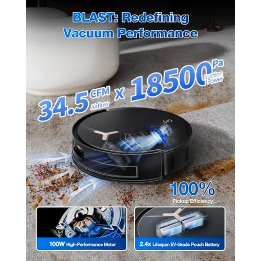 Robot vacuum and mop for home use, ABS plastic, black, 18500Pa suction with auto-lift mop, zero-tangle brushes, AIVI 3.0 obstac