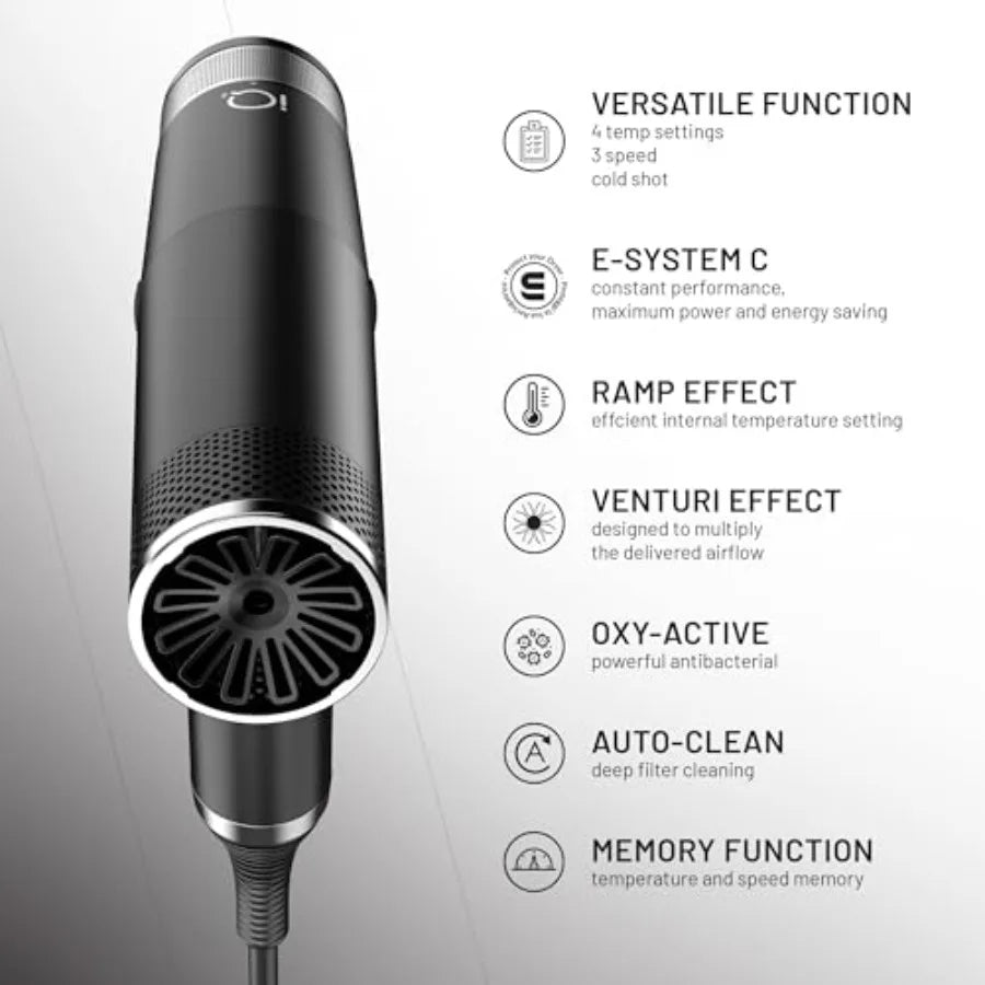 Hair dryer for professional use, ceramic-coated, matte black, 120000 RPM turbo motor with auto-standby and Oxy Active Technolog