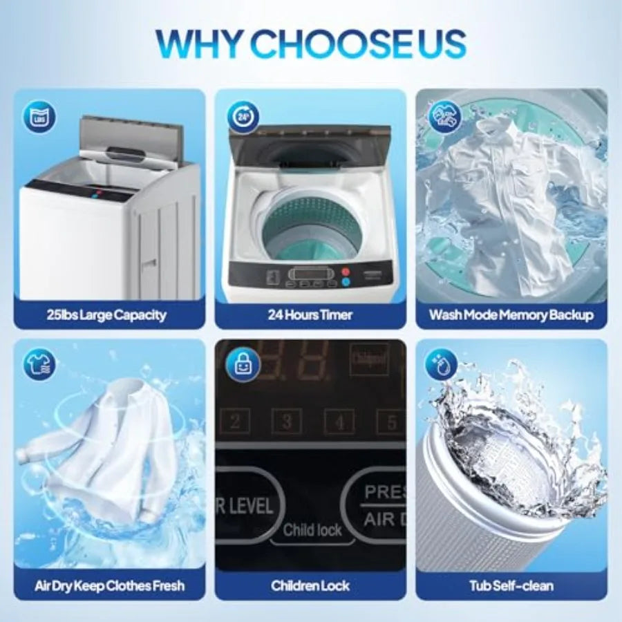 25LBS Portable Washing Machine Full-Automatic Electric Laundry Machine with Stainless Steel Drum Compact Washer and Spin Dryer