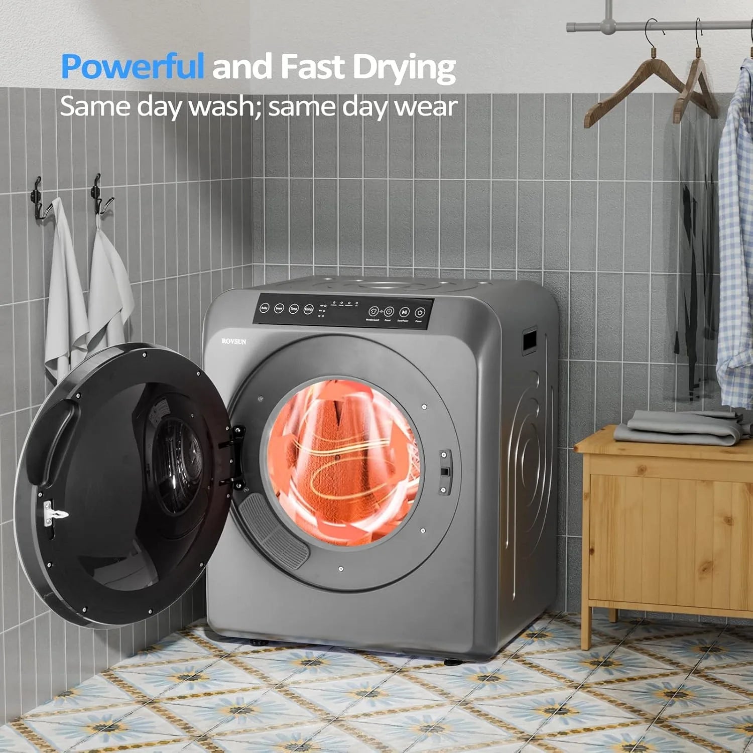 MEFEIR Compact Clothes Dryer - 3.5 Cu.Ft Portable Laundry w/ LCD Touch Controls, Stainless Steel Drum, 13.2Lb Capacity for Apartments & Dorms, 110V Classic White w/ Wheels