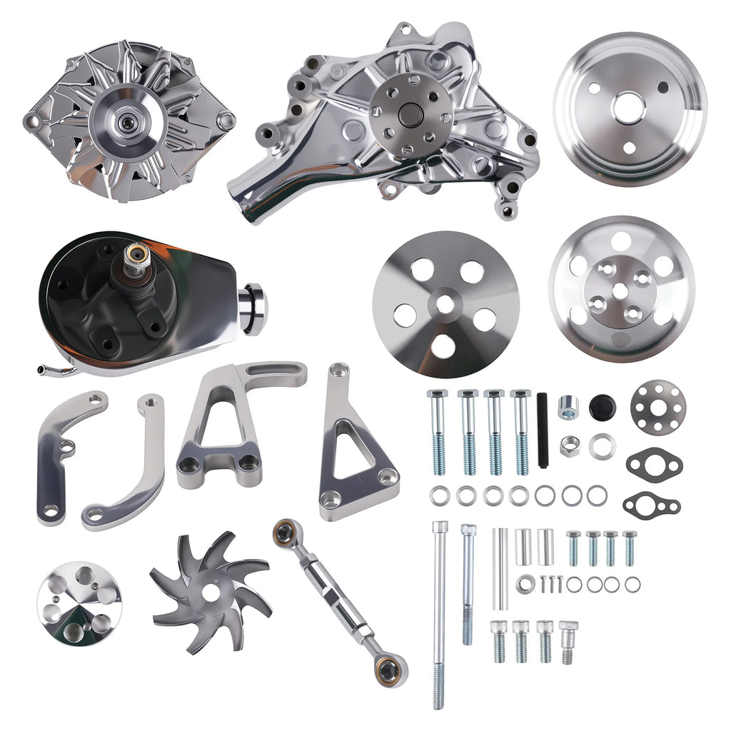 Engine Drive System Kit for Long Water Pump Applications 1958-1995 Chrome Engine Drive Pulley Set Power Steering Alternator